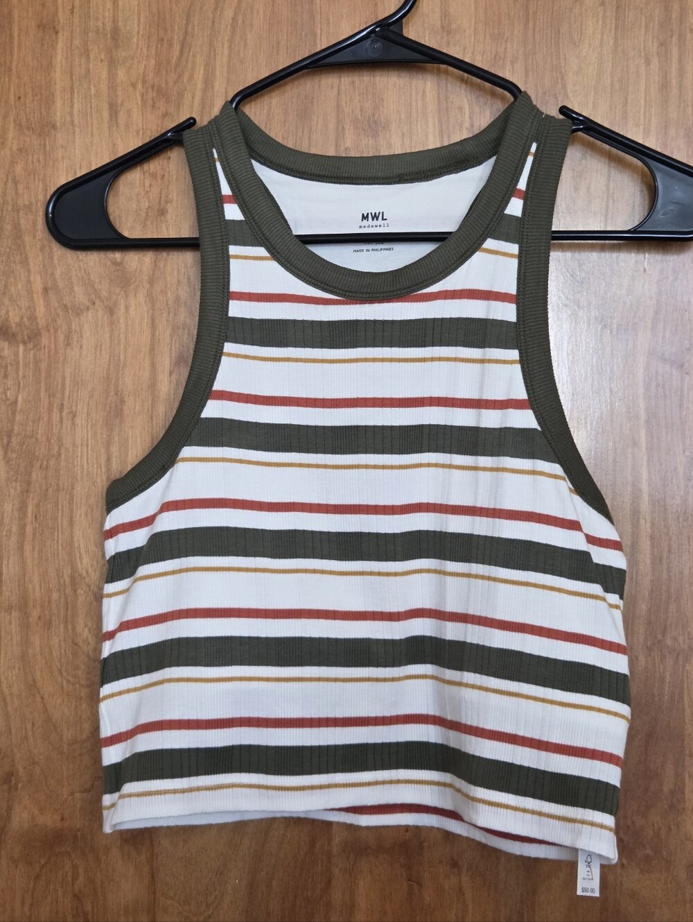 Madewell Olive-Trim Ribbed Striped Tank — White, Olive, Rust, Mustard
